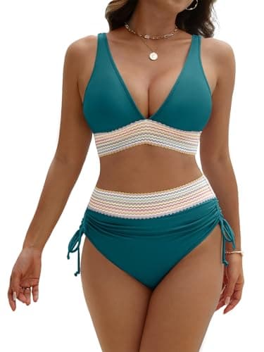 GKBK Women High Waisted Bikini Sets Tummy Control Swimsuits Color Block Two Piece Drawstring Bathing Suit Teal L - Image 1