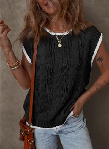 Dokotoo White Tank Top Round Neck Cap Sleeve Color Block Cable Knit Womens Tops Tank Top for Women Sweater Vest Women Vest for Women Black Large - Thumbnail 2