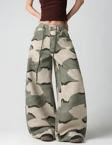 MaxOpen Camo Cargo Pants for Women Mid Waist Wide Leg Camouflage Army Fatigue Jean Y2k Hip Hop Baggy Trouser Streetwear Green - Thumbnail 3