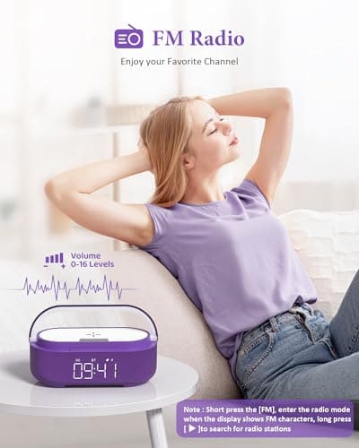 COLSUR Bluetooth Speaker Alarm Clock with Wireless Charger, FM Radio, Adjustable LED Night Light, 6 in 1 Bedroom Portable Speaker 2500mAh, Phone Stand for Bedside, Home, Office, Gift (Purple) - Thumbnail 3