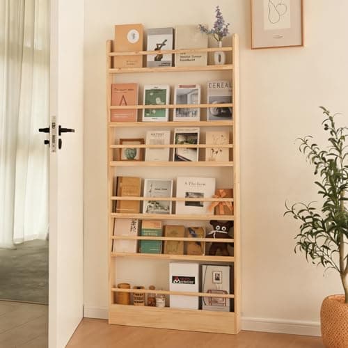 Baveke Kids Bookshelf, 6 Tier Shelves Behind The Door Book Shelf Storage, Children's Solid Wood Bookcase, Wall Mount Bookshelf for Bedroom, Living Room, Nursery（（FSC-Certified Wood）） - Image 1
