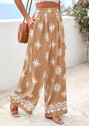 PRETTYGARDEN Women's Wide Leg Palazzo Pants 2026 Summer Boho Floral Trousers Spring Flowy Beach Vacation Clothes Resort Wear (Khaki,XX-Large) - Thumbnail 3