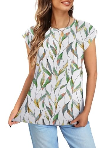 NORACORA Ladies Tops and Blouses Loose Fit Colored Tops Summer Shirts Womens Print Fashion Summer Tops Spring Outfits Casual Basic Tees Colorful Leaf M - Thumbnail 5