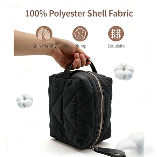 RCFJ b y K L A N D Quilted Makeup Bag Travel Cosmetic Bag, Soft Polyester Toiletry Bag for Women, Small Cosmetic Bag Portable Organizer with Dual Handle, Lightweight Storage Pouch - Thumbnail 3