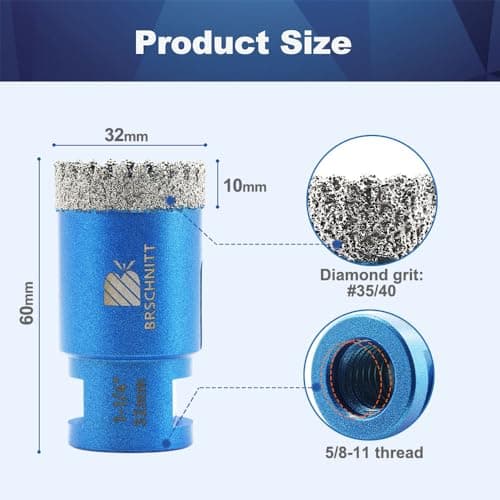 1-1/4 Inch Diamond Core Drill Bit for Porcelain Tile Ceramic Marble Granite Drilling,BRSCHNITT 1pc Vacuum Brazed Diamond Hole Saw with 5/8-11 Thread - Thumbnail 2