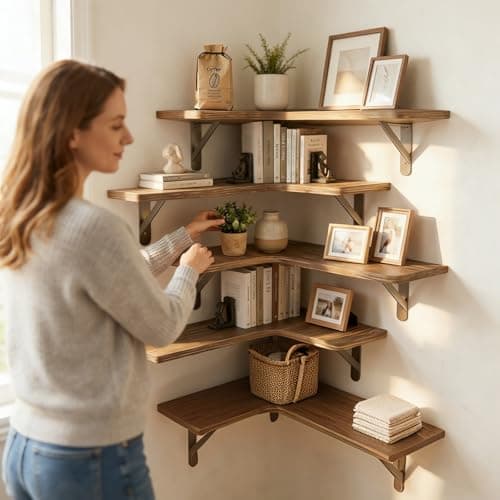 ZOESEEK Corner Floating Shelves, Set of 5 L-Shape Wood Wall Mounted Shelves for Bathroom Kitchen Bedroom Living Room Laundry Room Home Decor, Wood Corner Shelves Rustic Brown - Thumbnail 6