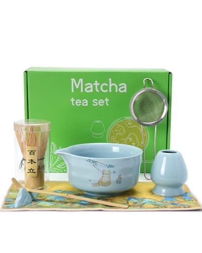 Matcha Whisk Set, Japanese Matcha Kit Set 7-Pcs with Matcha Bowl (Chawan), Matcha Whisk and Holder, Bamboo Scoop, Scoop Rest, Sifter and Tea Towel - Authentic Tea Ceremony Tools for Tea Lovers(Blue) - Image 1