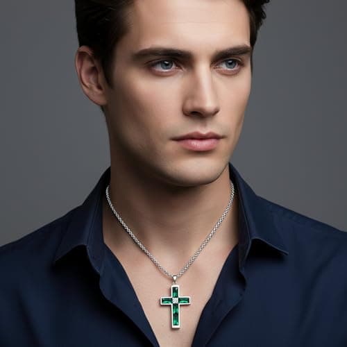 BAMIKI Green Cross Necklace for Men, Created Emerald May Birthstone Cubic Zirconia Large Pendant Silver Stainless Steel Necklace for Women, Faith Jewelry Gifts Mens Box Chain 24 Inch - Thumbnail 3