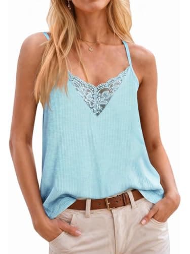Yousify Womens Summer Tank Tops Lace Ribbed Knit Sleeveless Cami Shirts Casual Loose Fit Tunics Light Blue - Image 1