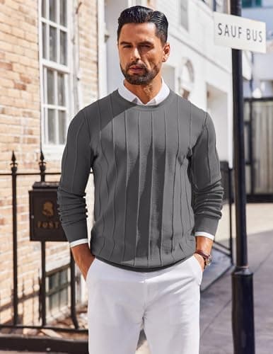 COOFANDY Mens Crewneck Sweater Pullovers Lightweight Knit Sweathirts for Men Casual Dress Sweater Dark Grey - Thumbnail 3