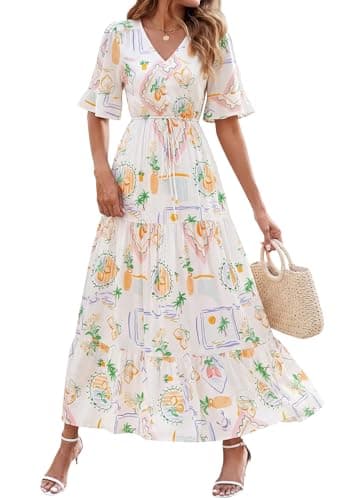 BTFBM Womens Summer Dresses 2026 Spring Casual Short Sleeve v Neck Boho Floral Flowy A-Line Tiered Maxi Dress Pockets(Floral White Multi, Small) - Image 1