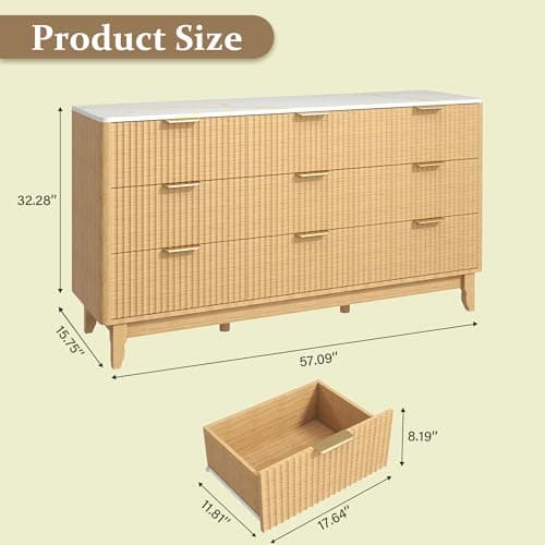 GlouMod Wood Dresser for Bedroom, 57" Long 9 Drawers Dresser with Marble White Top, Fluted Panel, Smooth Curve for Hallway, Natural Oak - Thumbnail 2