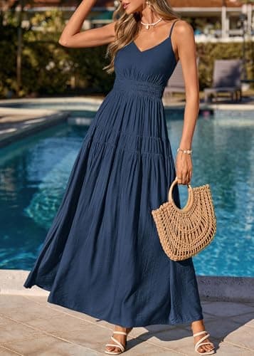 KIRUNDO Summer Dresses for Women Spaghetti Strap Sleeveless High Waist Flowy Boho Maxi Dress Beach Vacation Long Sundress(Navy Blue, Large) - Thumbnail 2
