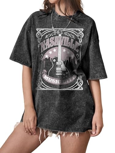 AUMORA Womens Oversized Graphic Tees Acid Wash Nashville Band T Shirts Crewneck Loose Fit Music Concert Tops - Image 1