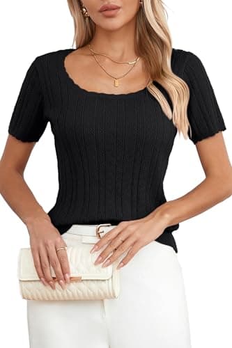 Arach&Cloz Women Trendy 2025 Spring Short Sleeve Square Neck Fashion T Shirts Knit Pullover Sweater Business Casual Dressy Summer Tops Black - Image 1