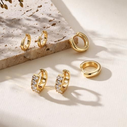 3 Pairs Small Huggie Hoop Earrings Set for Women, Hypoallergenic 14K Gold Plated Hoops Stacks for Multiple Piercings, Dainty Cute Mini Lightweight Cartilage Studs Trendy Jewelry Gift (Set-1) - Thumbnail 2