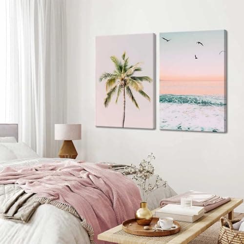 2Pcs Framed Pastel Beach Wall Art Tropical Palm Tree Canvas Posters Prints Coastal Ocean Wall Decor Pictures Summer Beach Theme Bedroom Living Room Decoration, 12x16 Inch - Thumbnail 5