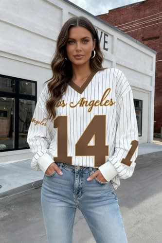 Jersey Shirts for Women Oversized Jersey Sweatshirts V Neck Striped Long Sleeve Casual Y2k Baggy Streetwear Tee Tops White-Brown - Thumbnail 4