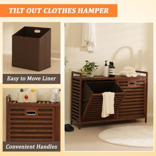 Baveke Bamboo Tilt Out Laundry Hamper with Shelves, Hidden Laundry Hampers with 2 Removable Bags, Pull Out Laundry Hamper Cabinet, Bathroom Storage Shelf for Laundry Room, FSC-Certified, Brown - Thumbnail 4
