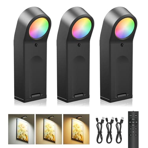 AIFEI Picture Lights for Wall: Compact Rechargeable Wireless Art Light with Remote Timer, 65H Battery Operated Poster Lights - Dimmable 3 Color Temps & 8 RGB for Paintings Gallery Frames Black, 3 Pack - Image 1