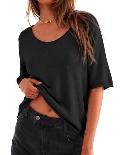 BTFBM Sweaters for Women 2026 Summer Oversized Half Short Sleeve Knitted Pullover V Neck‌ Casual Loose Fit Spring Tops(Black, X-Large) - Image 1
