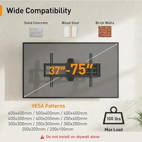 Perlegear Corner TV Wall Mount Long Arm TV Mount Bracket for 37-75 Inch TVs-Full Motion Wall Mount with 32.37” Extension & Swivel Articulating Arm & Tilt, MAX VESA 600x400mm, Holds up to 100 lbs - Thumbnail 2