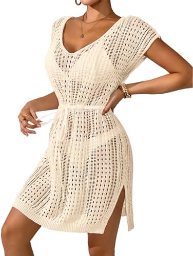 BreathSunny Womens Crochet Swimsuit Cover Up Dress 2026 Knit Deep V Short Sleeve Tie Side Slit Beach Bikini Bathing Suit Coverups Mini Dress Apricot L - Image 1