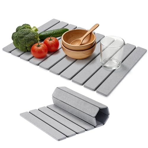 HABUTWAY Large Stone Dish Drying Mat for Kitchen Counter – 24"×16" Collapsible Diatomaceous Earth Mat, Ultra Absorbent & Quick Dry, Foldable Drying Pad for Dishes, Bottles, Cups (Light Grey)