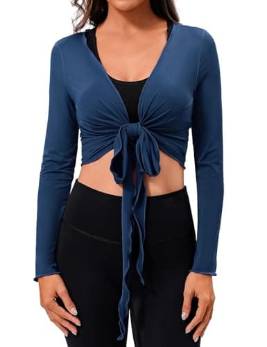Womens Tie Front Pilates Wrap Top Long Sleeve Workout Tops Bolero Shrugs Crop Cardigan Yoga Ballet Cover up Tops Pilates Outfits Navy Blue Medium - Image 1