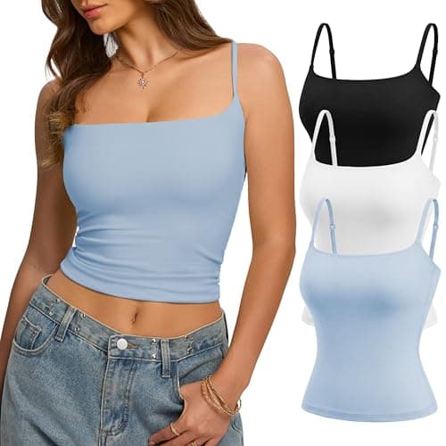 Missclub 3 Pack Square Neck Double Lined Going Out Tank Tops for Women Basic Summer Spaghetti Strap Blue Tank Top Woman M - Image 1