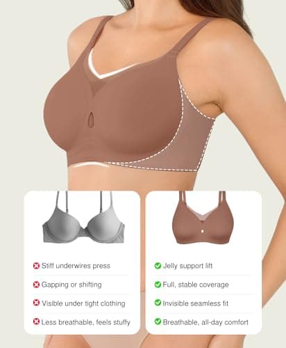 Popilush Wireless Pushup Bra for Women Seamless Comfortable Jelly Bras No Underwire Full Coverage Bralette Brown - Thumbnail 5