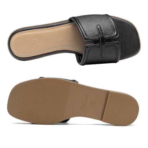 Athlefit Black Flat Sandals for Women Dressy Square Open Toe Comfortable Slip On Summer Beach Slide Sandals Size 10 - Thumbnail 5