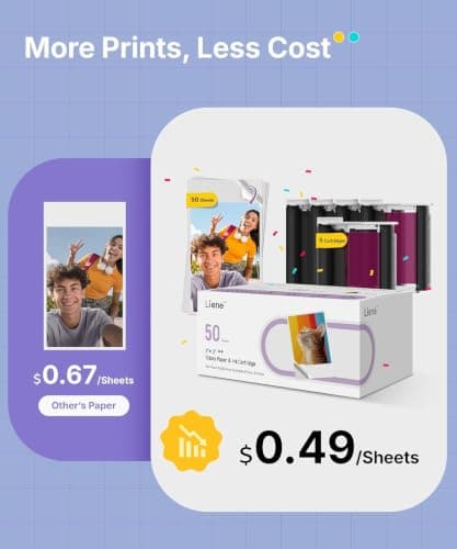 Liene Pearl N200 Pro Portable AI Photo Printer, Instant Mini Picture Printer for iPhone Smartphone, Thermal Dye Sublimation Bluetooth Sticker Maker 50 Sheets 2x3 Adhesive Paper & 5 Cartridges, Purple - Thumbnail 2