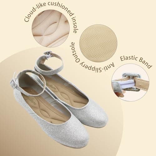 unsylvion Women's Ballet Low Wedge Flats with Round Toe and Ankle Strap Stylish Comfortable Casual Shoes for Work,Office,Business Silver - Thumbnail 4