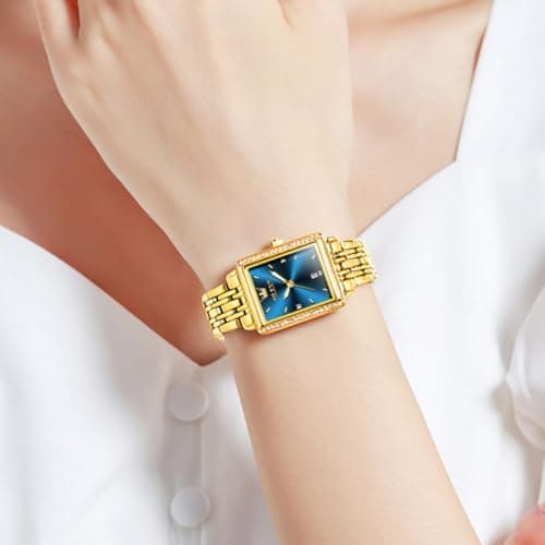OLEVS Watch Women Gold Watches for Women Rectangle Blue Face Waterproof Stainless Steel Small Wrist Womens Watch Dainty Elegant Analog Quartz Ladies Watches Reloj para Mujer - Thumbnail 3