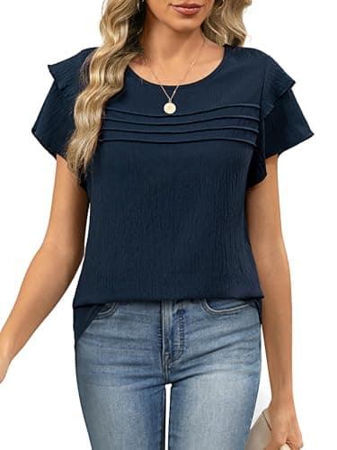 Funlingo Womens Dressy Casual Blouses Summer Ruffle Short Sleeve Tops Crew Neck Pleated Front Shirts Business Casual Outfits 2026 Deep Blue 2XL - Image 1