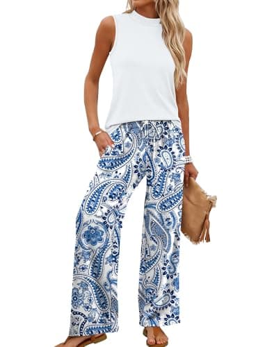 WIHOLL Two Piece Set for Women Summer Spring Outfits Cruise Travel Airport Beach Vacation Clothes Trendy Boho Lounge Sets Mock Neck Matching Women Clothing Wide Leg Pants Set 2XL - Image 1