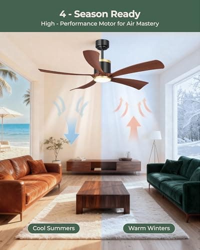 BLNAN 52" Premium Walnut Solid Wood Ceiling Fan with Light - Whisper-Quiet DC Motor, 6 Speeds, 3000K-6000K Dimmable LED, Remote Control with Timer, 2 Downrods for Indoor/Outdoor, A++ Energy Saving - Thumbnail 5