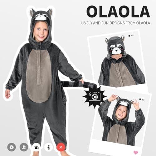 OLAOLA Raccoon Kids Onesie, Thanksgiving Unisex Animal Onesies, Plush Cosplay Pajamas for Girls Boys, One Piece Sleepwear Halloween Costume - Thumbnail 5