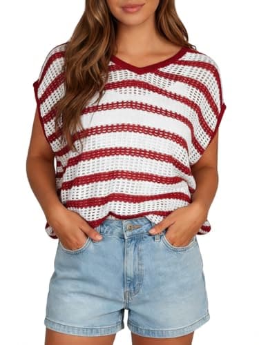 Yousify Womens Summer Crochet Tops Cap Sleeve Knit Pullover Sweater Vest V Neck Cover Ups Beach Vacation Clothes Red - Thumbnail 2