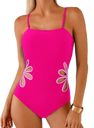 Herseas Women's Push Up Floral Cutout One Piece Wire Free Swimsuit High Cut Adjustable Spaghetti Straps Supportive 2026 Summer Bathing Suit Sexy Cruise Essentials Rose Red Medium - Image 1