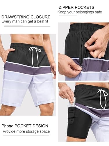 SILKWORLD Men's Swim Trunks with Compression Liner Quick Dry Bathing Suits 9 Inch Swimming Shorts with Zipper Pockets, Black Grey Stripes, Large - Thumbnail 4