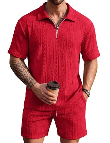 COOFANDY Men's 2 Piece Set Summer Beach Vacation Outfits Quarter Zip Polo Shirt and Shorts Sets Red XX-Large - Image 1