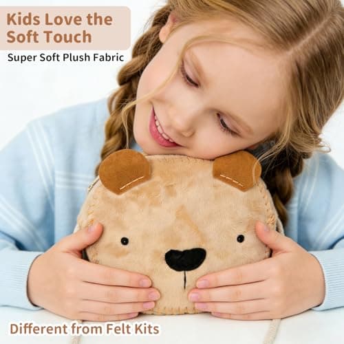 MIJIUWJ Little Bear DIY Sewing Kit for Beginners Kids Arts and Crafts, Plush Crossbody Bag with Zipper, Instructions Learn to Sew & Felt Embroidery, No Mess Starter Stitch Gifts for Girls Age 6-7 8-12 - Thumbnail 3