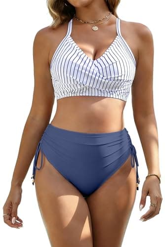 GKBK Womens High Waisted Bikini Sets Drawstring Tummy Control Swimsuits Crisscross Tie Back Bathing Suit Stripe Blue M - Image 1