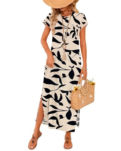 AUSELILY Sundresses for Women Wrinkle Free Casual Travel Crew Neck Split Short Sleeve Loose Long Maxi Dress with Pockets 2026 Apricot Black Leaf XL - Image 1