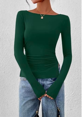 KIRUNDO Long Sleeve Going Out Tops for Women 2026 Spring Casual Boat Neck Workout Shirts Fall Fitted Side Slit Basic Tees(Dark Green, XX-Large) - Thumbnail 3