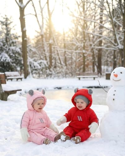 JiAmy Baby Snowsuit Baby Bear Hooded Winter Outfit Double Girl Boy Zipper Winter Clothes Romper White 3-6 Months - Thumbnail 6