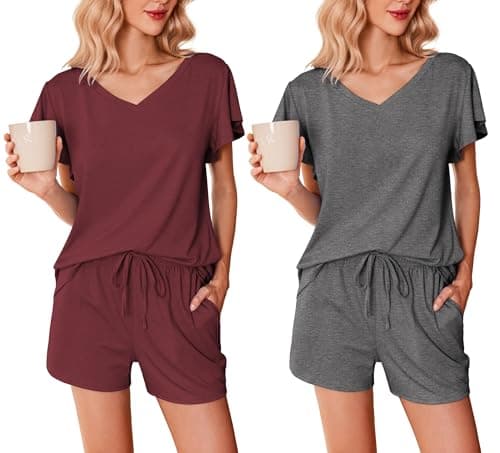 Ekouaer 2 Pack Women's Pajamas Set Soft Ruffle Sleeve Pjs Set Casual V Neck Lounge Set with Pockets,Small,Dark Gray/Deep Red - Image 1