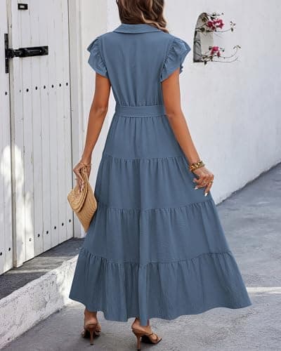 dowerme Women's Summer Casual Dresses 2026 Cap Ruffle Sleeve V Neck Button Belted Tiered Boho Maxi Dress with Pockets(Grey Blue,Medium) - Thumbnail 5